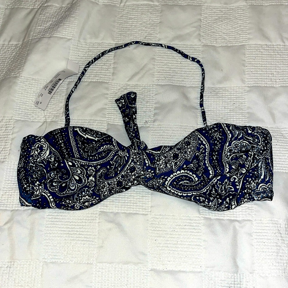 NWT Jcrew blue/white paisley tie bandeau bikini top w/ removed strap, medium 👙